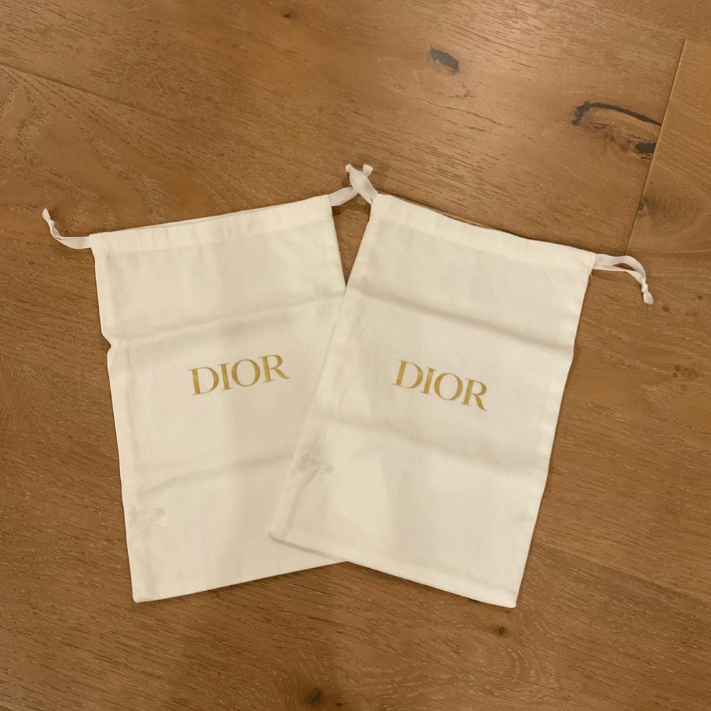 Dior Cream Drawstring Pouches with Gold Logo - Pair